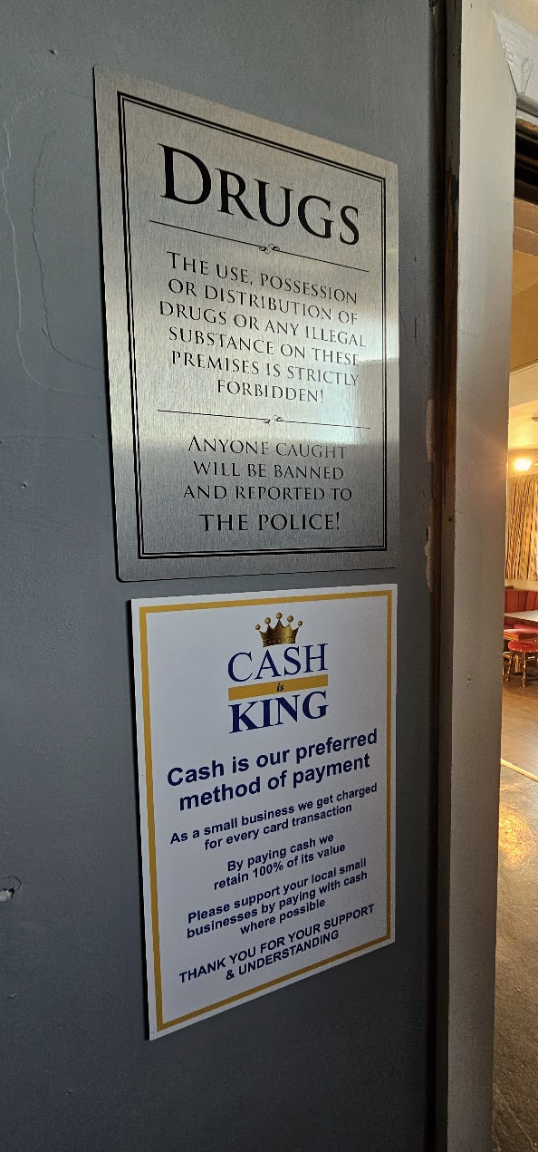 No drugs policy and cash preferred signage at Agender Hull